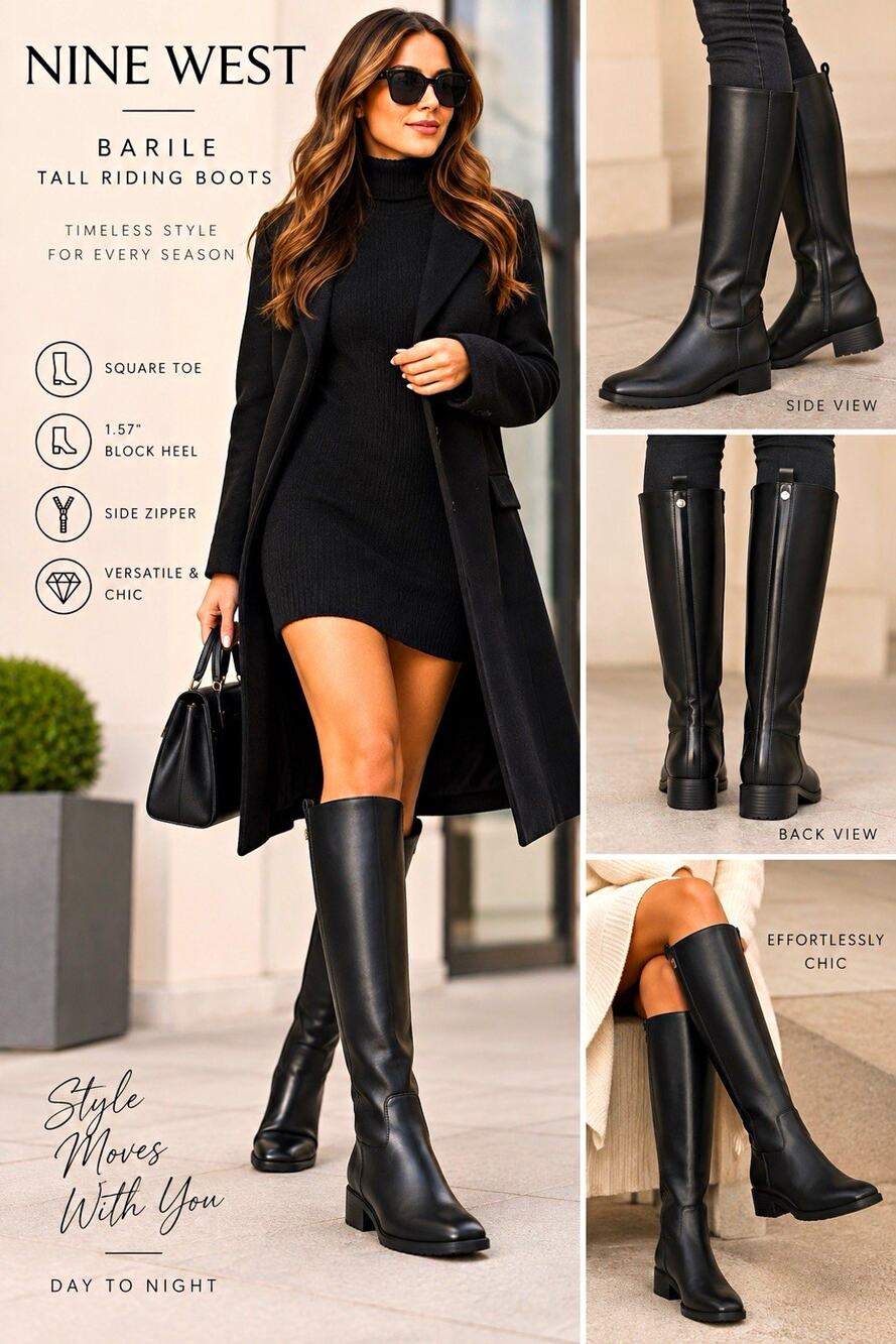 Nine West Barile Women’s Black Tall Riding Boots Square Toe